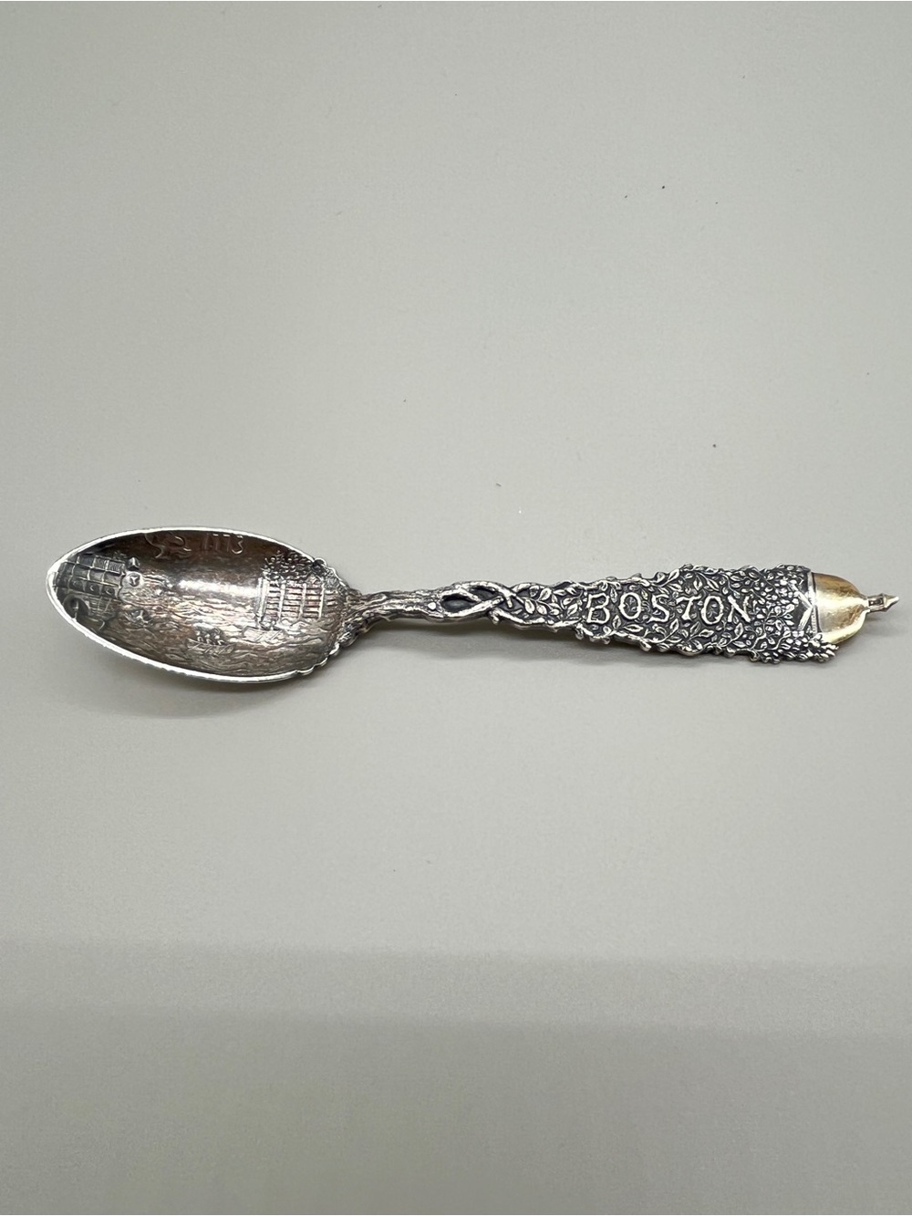 Antique sterling silver Boston Tea Party 1773souvenir teaspoon. N.G. Wood & Sons